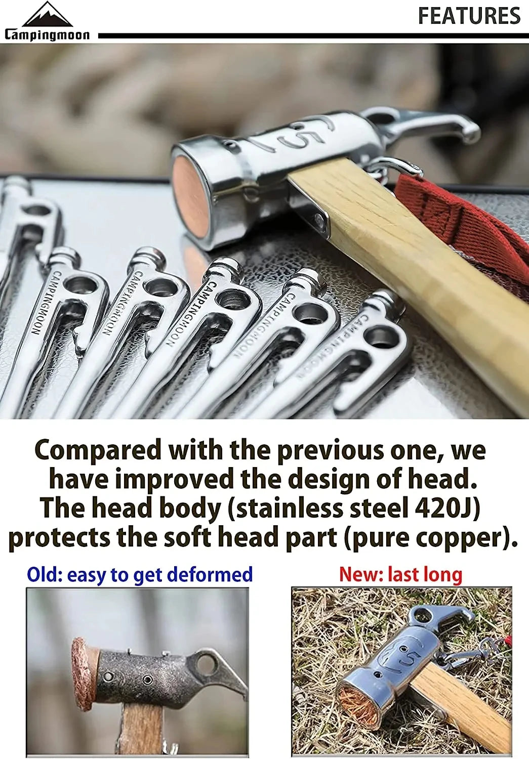 CAMPINGMOON Cheap Outdoor Camping Chipping Hammer C5 Stainless Steel + Wooden Handle Fixed Tent Nail Hammer With Safety Rope