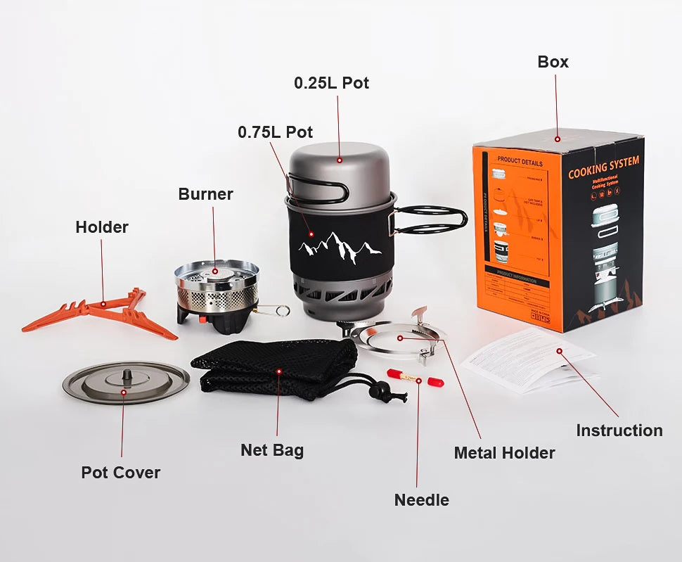 Camping Cooking Set Stove Pot Pan Cookware Outdoor Propane Cooking Gear System with Heat Exchanger Portable Picnic Supplies