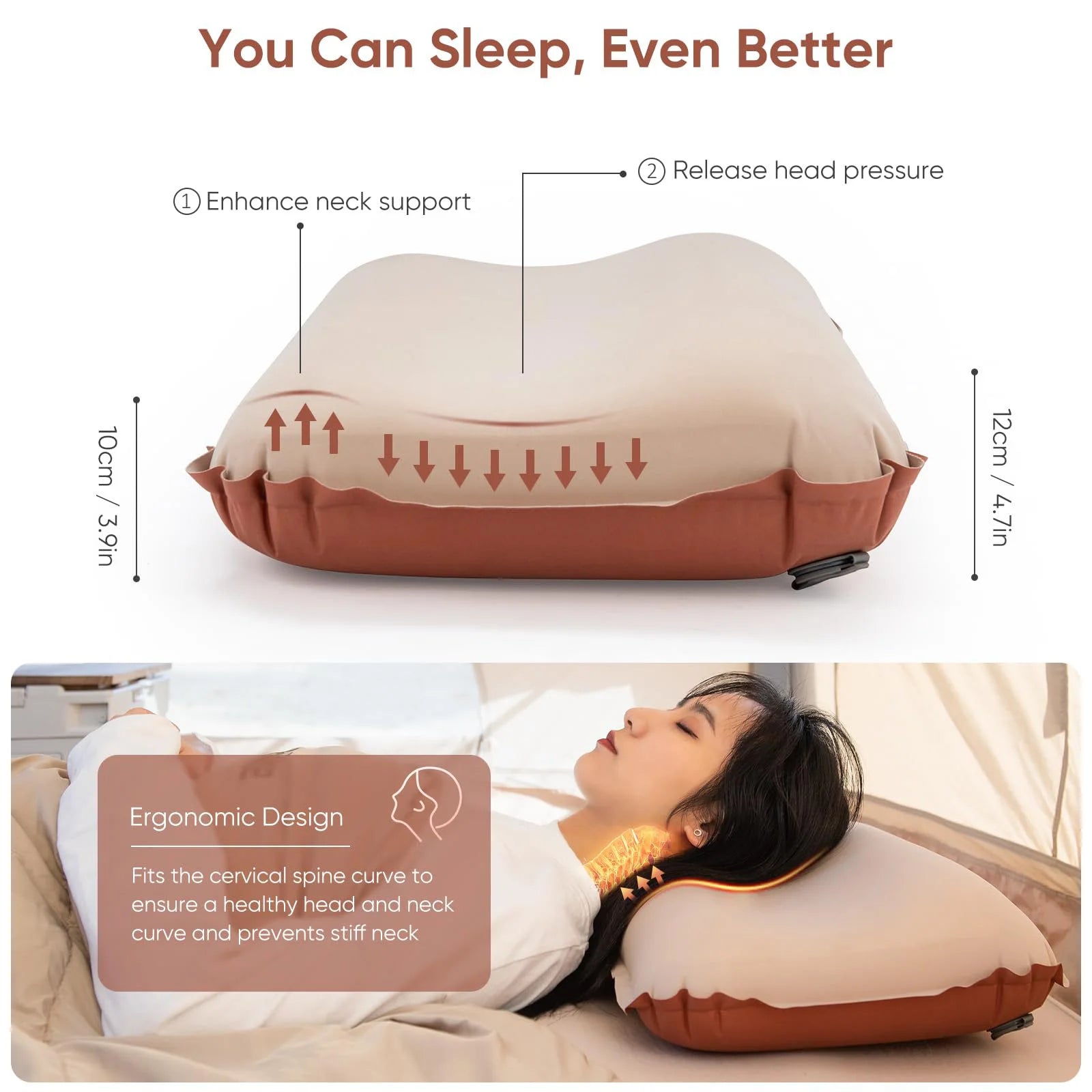 Camping Pillow with Memory Foam, Self-Inflating Portable Pillow, Ergonomic for Neck Support, for Camping, Airplanes, Backpacking