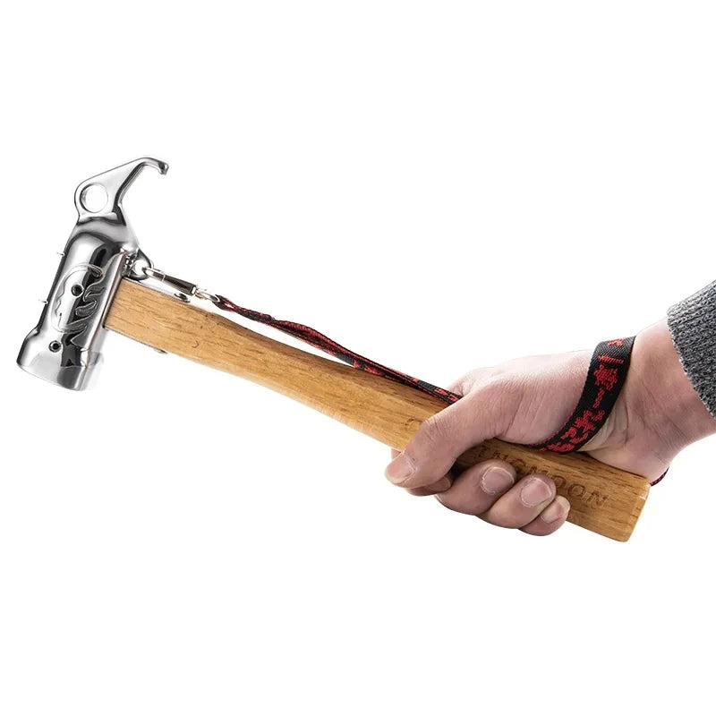 CAMPINGMOON Cheap Outdoor Camping Chipping Hammer C5 Stainless Steel + Wooden Handle Fixed Tent Nail Hammer With Safety Rope