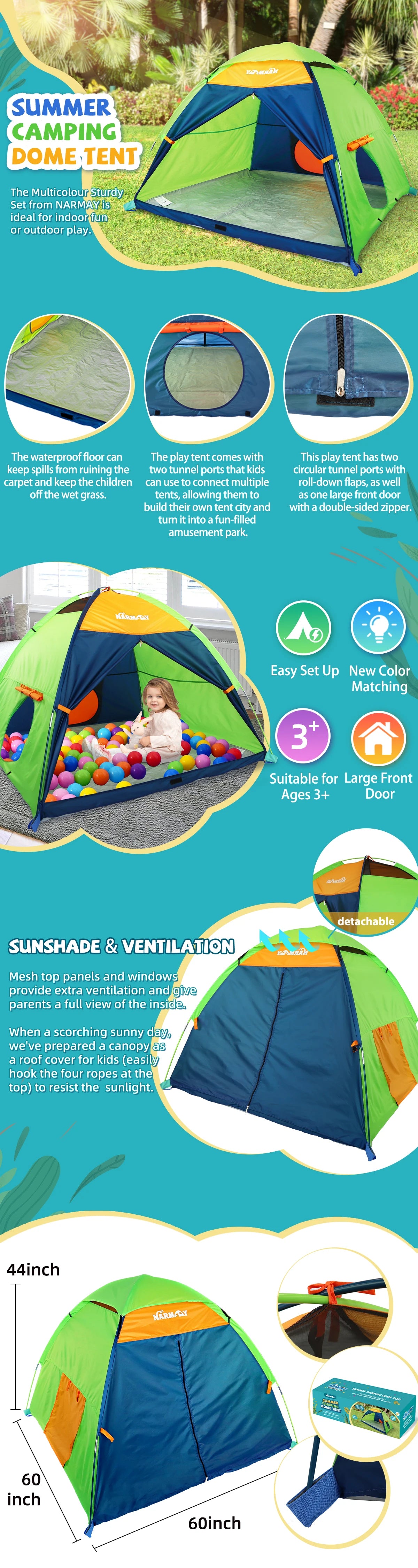 Kids Camping Play Tent for Kids Indoor & Outdoor Pretend Play, Large Playhouse Easy Assembly Unisex Gift Idea for Games