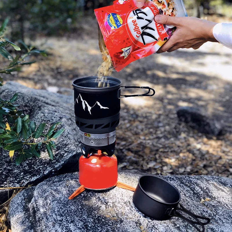 Camping Cooking Set Stove Pot Pan Cookware Outdoor Propane Cooking Gear System with Heat Exchanger Portable Picnic Supplies