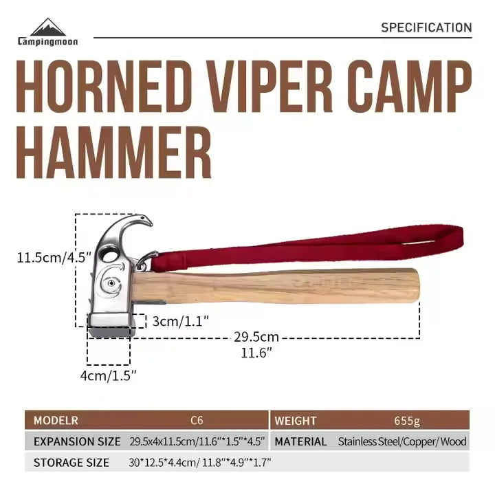 CAMPINGMOON Cheap Outdoor Camping Chipping Hammer C5 Stainless Steel + Wooden Handle Fixed Tent Nail Hammer With Safety Rope