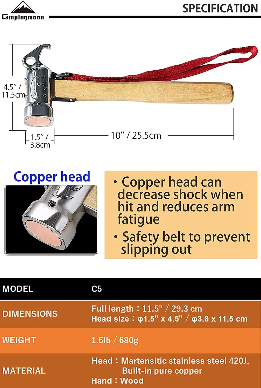 CAMPINGMOON Cheap Outdoor Camping Chipping Hammer C5 Stainless Steel + Wooden Handle Fixed Tent Nail Hammer With Safety Rope
