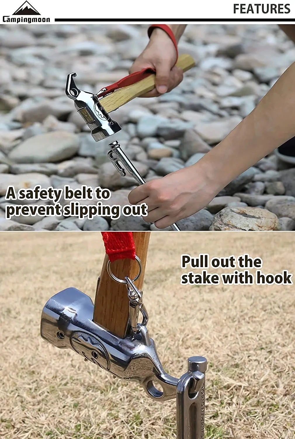 CAMPINGMOON Cheap Outdoor Camping Chipping Hammer C5 Stainless Steel + Wooden Handle Fixed Tent Nail Hammer With Safety Rope