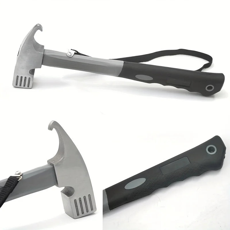 Heavy-duty Multi-purpose Camping Hammer with Tent Post Remover and Safety Grip Belt, Essential Outdoor Camping and Hiking Tools