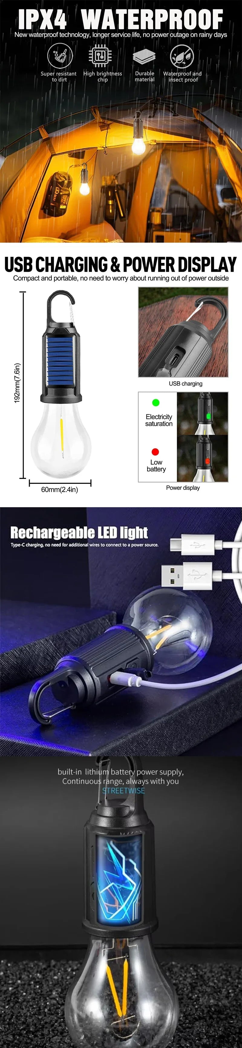 USB Camping Light 3 Lighting mode Rechargeable Lantern Waterproof High Bright Tent Light with Hook Outdoor Night Emergency Light