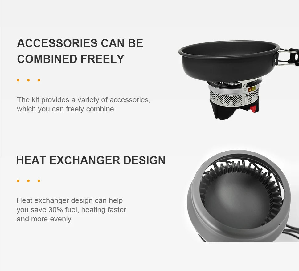 Camping Cooking Set Stove Pot Pan Cookware Outdoor Propane Cooking Gear System with Heat Exchanger Portable Picnic Supplies