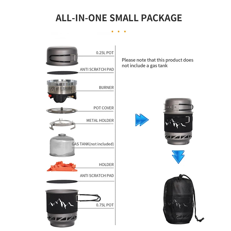 Camping Cooking Set Stove Pot Pan Cookware Outdoor Propane Cooking Gear System with Heat Exchanger Portable Picnic Supplies
