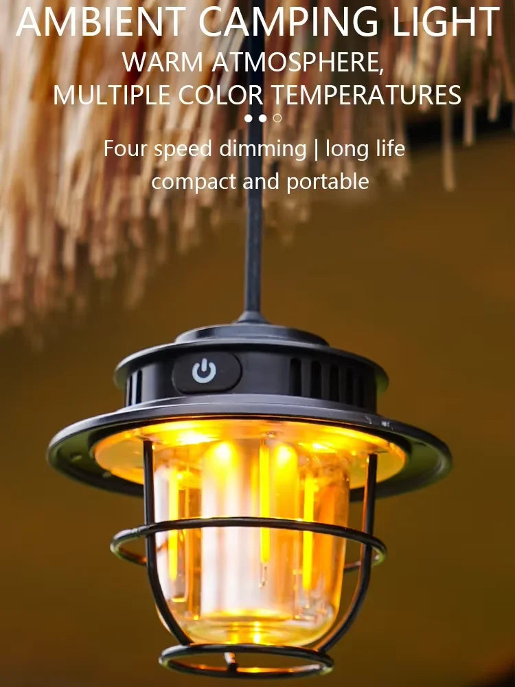 Camping Lamp LED Retro Hanging Lamp Portable Stepless Dimming Camping Light Waterproof Rechargeable Outdoor Light Hand Lantern