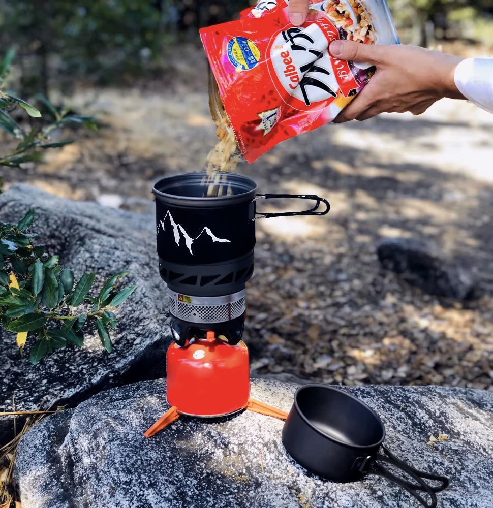 Camping Cooking Set Stove Pot Pan Cookware Outdoor Propane Cooking Gear System with Heat Exchanger Portable Picnic Supplies