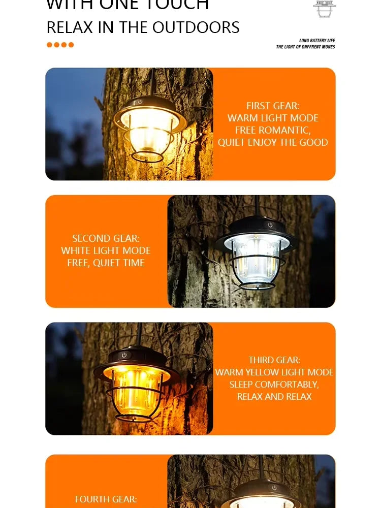 Camping Lamp LED Retro Hanging Lamp Portable Stepless Dimming Camping Light Waterproof Rechargeable Outdoor Light Hand Lantern