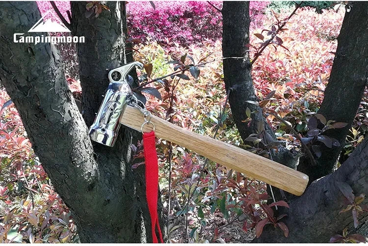 CAMPINGMOON Cheap Outdoor Camping Chipping Hammer C5 Stainless Steel + Wooden Handle Fixed Tent Nail Hammer With Safety Rope